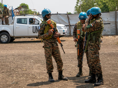 United Nations peacekeepers stand near an airstrip in Akobo, South Sudan, Saturday, Feb. 21, 2026.