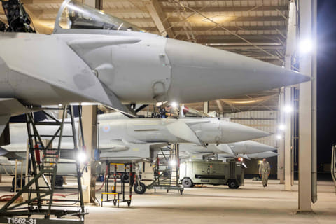 RAF Typhoons from UK's 11 Squadron based at RAF Coningsby arriving at Dukhan Air Base in Qatar to support in the region.