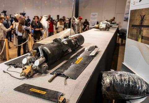 Pieces of missiles and drones recovered after Iran’s strikes are displayed during a press briefing by the UAE government held in Abu Dhabi on March 3, 2026.
