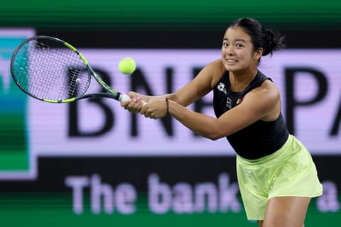 Alexandra Eala of the Philippines returns a shot to Linda Noskova of Czechia during Day 7 of the BNP Paribas Open at the Indian Wells Tennis Garden on March 10, 2026 in Indian Wells, California.