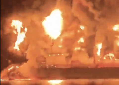 A screengab of a video shared on X, supposedly showing one of the two oil tankers attacked near Iraq, which killed at least one crew member, an Indian national, as Iran pressed a campaign aimed at disrupting global energy markets in retaliation for US and Israeli strikes.