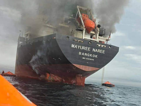 A ship on fire after a projectile attack in the Strait of Hormuz. US President Donald Trump on Saturday said countries that rely on oil carried through the Hormuz strait should take responsibility for keeping the passage open, with American help.