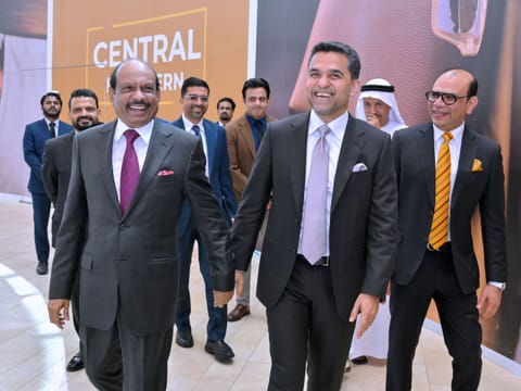 Yusuff Ali MA, Dr Shamsheer Vayalil and other senior executives arrive for the inaugural ceremony on Sunday.