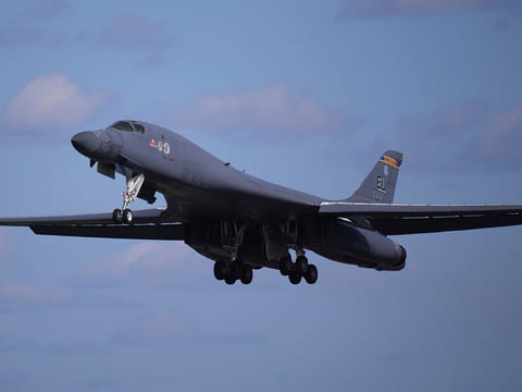 A US B1 Lancer bomber takes off from RAF Fairford, England, Thursday, March 26, 2026.