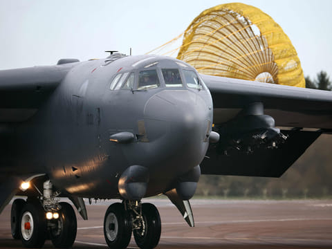 A US Air Force B-52 Stratofortres bomber lands at RAF Fairford in south-west England on March 13, 2026.
