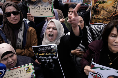 Palestinians demonstrate against the decision by Israel's parliament to approve the death penalty for Palestinians convicted of murdering Israelis in Nablus, West Bank, Tuesday, March 31, 2026.