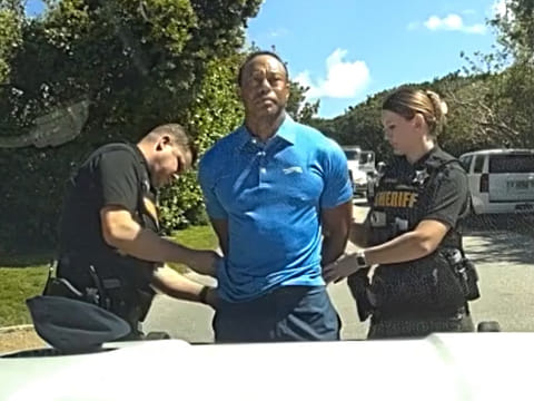 Golfer Tiger Woods is taken into custody by sheriff's deputies following a car crash in Jupiter Island, Fla., Friday, March 27, 2026.