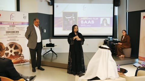 Emirati filmmaker Nayla Al Khaja speaks at a press conference announcing details of the I-Film Festival.