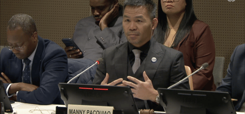 Former eight-division boxing world champion Manny Pacquiao during a UN meeting on April 8