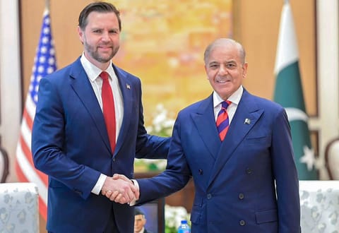 US Vice President JD Vance shaking hands with Pakistan's Prime Minister Shehbaz Sharif during their meeting before US-Iran peace talks in Islamabad.