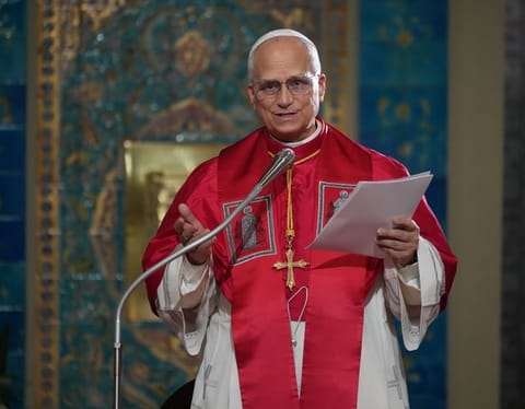 Pope Leo XIV meets the Algerian Community in the Basilica of Our Lady of Africa in Algiers, Monday, April 13, 2026, on the first day of an 11-day apostolic journey to Africa.