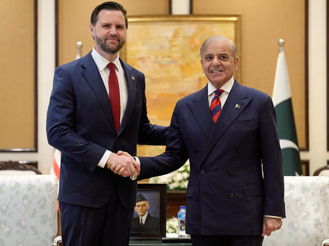 U.S. Vice President JD Vance, left, shakes hands with Pakistan's Prime Minister Shehbaz Sharif, Saturday, April 11, 2026, while meeting in Islamabad for talks about Iran.
