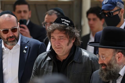Argentina's President Javier Milei (C) visits the Western Wall in the old city of Jerusalem on April 19, 2026.