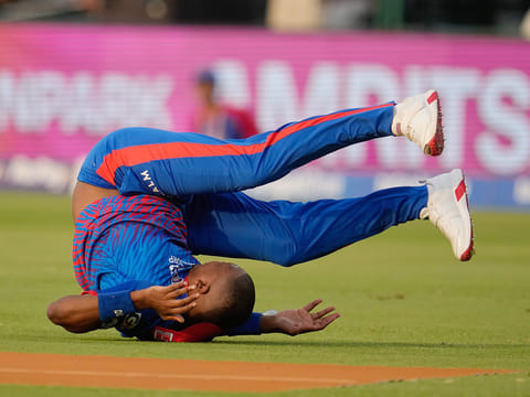 Delhi Capitals' Lungi Ngidi loses his balance while attempting to take a catch during the IPL 2026 match against Punjab Kings in New Delhi, on Saturday, April 25, 2026.