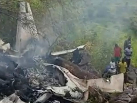 This image made from video shows the wreckage of a Cessna aircraft after it crashed southwest of Juba, South Sudan, Monday, April 27, 2026.