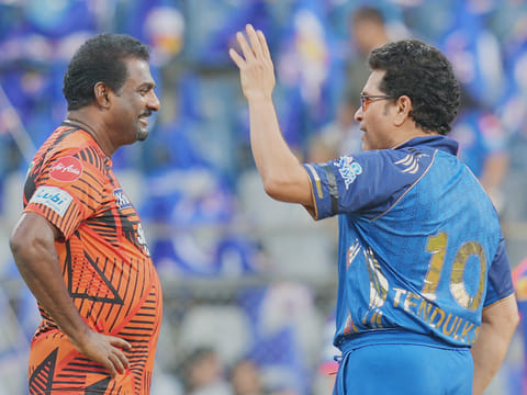 Mumbai Indians mentor Sachin Tendulkar, right, speaks with Sunrisers Hyderabad bowling coach Muthiah Muralidaran before the start of the IPL match between Mumbai Indians and Sunrisers Hyderabad in Mumbai, on Wednesday, April 29, 2026.