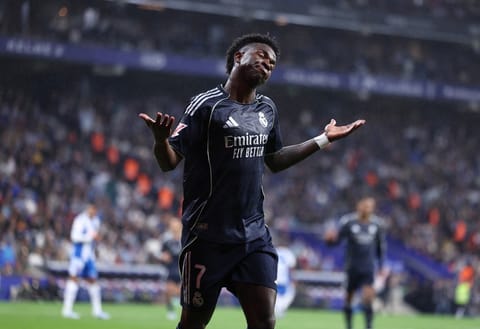 Real Madrid's Brazilian forward #07 Vinicius Junior reacts during the Spanish league football match between RCD Espanyol and Real Madrid CF at RCDE Stadium in Cornella de Llobregat on May 3, 2026.