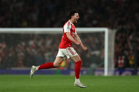 Arsenal's English midfielder #41 Declan Rice celebrates winning the UEFA Champions League second-leg semi-final football match between Arsenal and Atletico Madrid at the Emirates Stadium in north London on May 5, 2026.