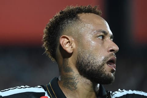 Santos' forward #10 Neymar celebrates scoring the opening goal during the Copa Sudamericana group stage football match between Paraguay's Deportivo Recoleta and Brazil's Santos at the Rio Parapiti stadium in Pedro Juan Caballero, Paraguay, on May 5, 2026.