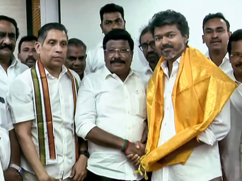 Tamil Nadu Congress leaders meet Tamilaga Vettri Kazhagam (TVK) President Vijay at the TVK Headquarters, in Chennai on Wednesday, May 6, 2026.