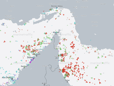 Marine traffic around the Strait of Hormuz as of 1.22am May 8, 2026.