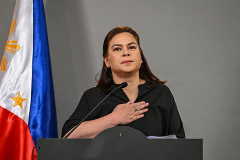 Philippine Vice President Sara Duterte announces her intention to run for the country's presidency in 2028 during a press conference in Mandaluyong, Metro Manila. File photo taken on February 18, 2026.
