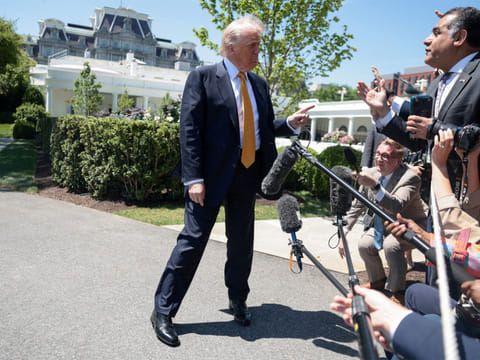 US President Donald Trump speaks to press.