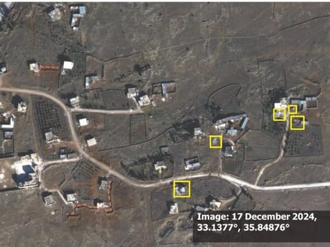 Satellite imagery from 7 July 2024 (top) shows Rassim al-Rawadi village. On 17 December 2024 (bottom), yellow squares highlight six structures that appear heavily damaged or destroyed. Newly built berms are highlighted with orange dashed lines. Trees are removed on the west side of the main road.