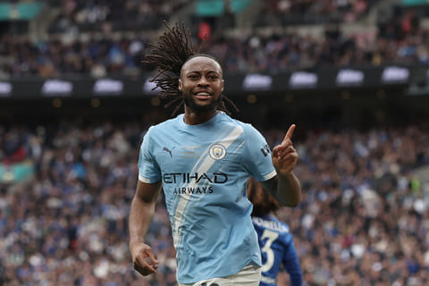 Manchester City's Antoine Semenyo celebrates after scoring the opening goal during the English FA Cup final soccer match between Chelsea and Manchester City in London, Saturday, May 16, 2026. (AP Photo/Richard Pelham)