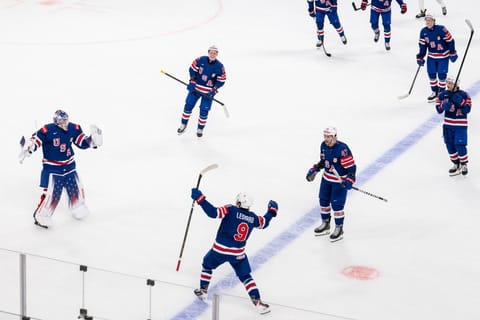 USA's forward #9 Ryan Leonard (Centre bottom) celebrates after winning the groupe A match between USA and Germany, at the IIHF Ice Hockey Men's World Championship at Swiss Life Arena, in Zurich, Switzerland, on May 20, 2026.