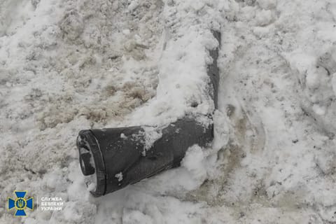 This handout photograph taken and released by the Ukrainian Security Service on January 9, 2026 reportedly shows a fragment of a Russian Oreshnik ballistic missile at an undisclosed location, said to have been used for only the second known time in a strike on the western Lviv region overnight, amid the Russian invasion of Ukraine.