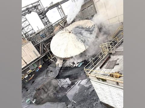 A photo obtained by the Cowlitz County News, a Facebook page run by local citizens, shows the aftermath of a tank rupture at Nippon Dynawave Packaging in Longview, Washington, May 26, 2026.