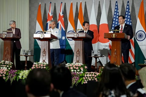 Australia’s Foreign Minister Penny Wong, India's Foreign Minister Subrahmanyam Jaishankar, Japan’s Foreign minister Toshimitsu Motegi and US Secretary of State Marco Rubio address a joint press conference after the Quad Foreign Ministers' meeting at the Hyderabad House in New Delhi on May 26, 2026.