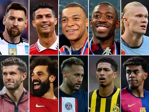 Clockwise (from top left): Lionel Messi, Cristiano Ronaldo, Kylian Mbappe Ousmane Dembele Erling Haaland Lamine Yamal Jude Bellingham, Neymar, Mohamed Salah, and Christian Pulisic.