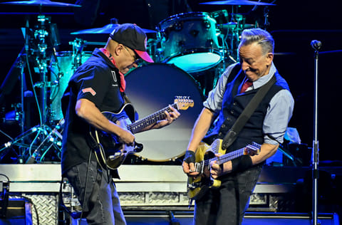 Tom Morello, left, and Bruce Springsteen perform during the "Land of Hope and Dreams" tour at Madison Square Garden on Monday, May 11, 2026, in New York. (Photo by Evan Agostini/Invision/AP)