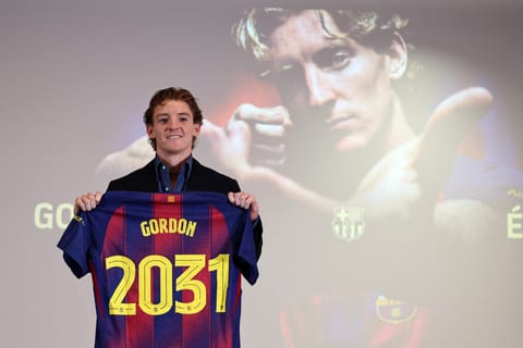 English player Anthony Gordon poses during his official presentation as new player of FC Barcelona at Palau Blaugrana Arena in Barcelona, on May 29, 2026.