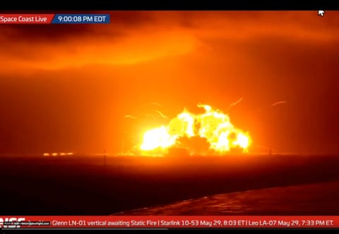 The explosion of the New Glenn rocket during a static fire test occurred around 9 pm EDT (May 29, 2026) as the company attempted to ignite the rocket's seven BE-4 first-stage engines ahead of the NG-4 mission, which was slated to carry 48 Amazon Project Kuiper broadband satellites.
