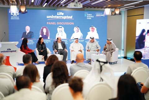 Tamara Barghout, Director of Medical Affairs, Servier Middle East (second from left); Magdy Abdou, Director of Regulatory Affairs, Governmental Affairs, and Market Access, Servier Middle East; Dr Younis Qazzim, Director General Advisor, Acting CEO of Public Health, Dubai Health Authority (DHA); Marwan Abdulaziz Janahi, Senior Vice President of Dubai Science Park, part of TECOM Group; and Prof. Humaid Al Shamsi, President of EOS, CEO, Burjeel Cancer Institute and Adjunct Clinical Professor of Oncology, University of Sharjah, during the panel discussion at Dubai’s Science Park