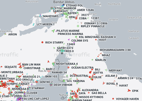 Ships in and around the Strait of Hormuz, between Iran and Oman, based on vessel tracker data from Marine Traffic, as of June 1, 2026