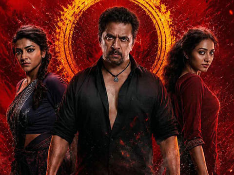 Abhirami, Arjun and Preity Mukundhan in a poster from ‘Blast’