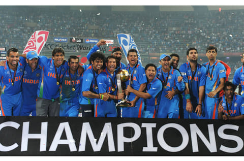 File photo: Indian cricketers pose with the trophy after victory in the Cricket World Cup 2011 final over Sri Lanka at The Wankhede Stadium in Mumbai on April 2, 2011. India beat Sri Lanka by six wickets.