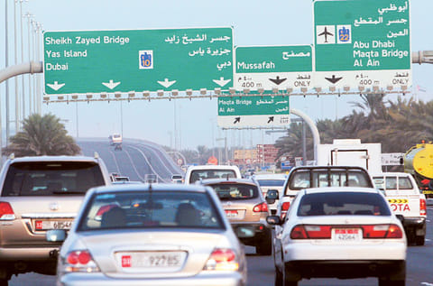 Traffic moving in the direction of Dubai, Yas Island, Al Ain and Musaffah on the Eastern ring road in Abu Dhabi.