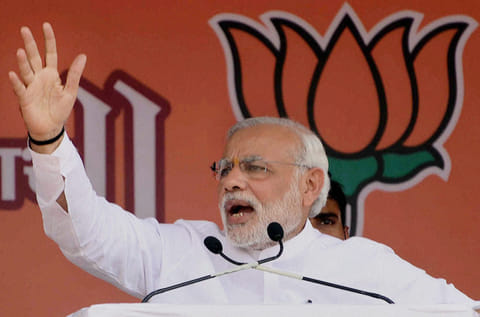 Prime Minister Narendra Modi addresses an election campaign rally for BJP candidates in Baramati, Maharashtra on Thursday.
