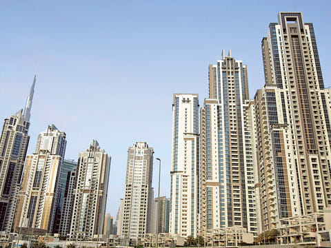A view of towers and hotels at Business Bay in Dubai.