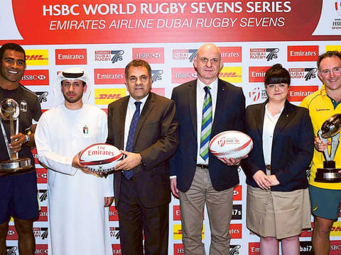 Qais Al Dhalai, President of Asia Rugby and Secretary General UAE Rugby Federation (second left) with Boutros Boutros, Divisional Senior Vice President Corporate Communication Emirates, and coaches and officials at the launch of Emirates Airline Dubai Rugby Sevens last year.