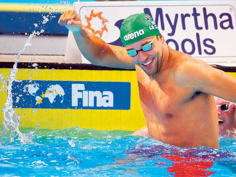Chad Le Clos, the South African Olympic champion, celebrates his victory in the 50m Butterfly final during an earlier edition of Fina World Swimming Championships (25m).