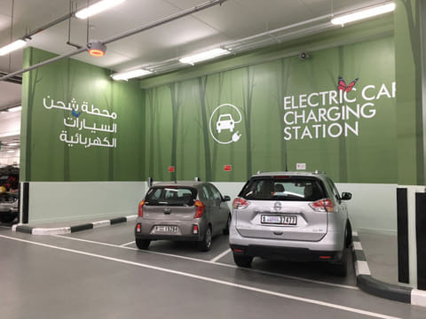 A picture taken by an electric car owner Paul shows normal petrol cars parked in the electric car charging station at Mall of the Emirates.