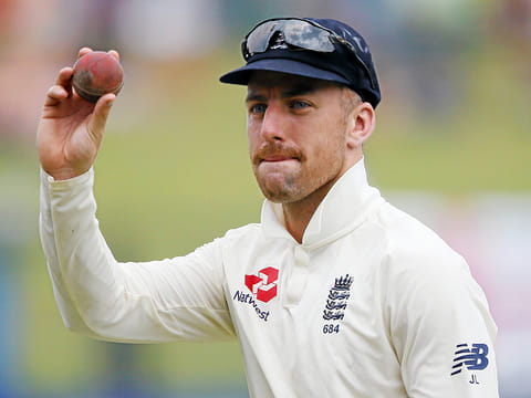 England's Jack Leach shows the ball as he celebrates taking five wickets and winning the match against Sri Lanka.