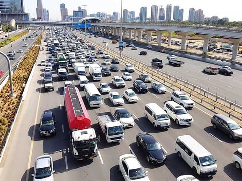 Traffic on Shaikh Zayed Road near Media City in Dubai. For illustrative purposes only.