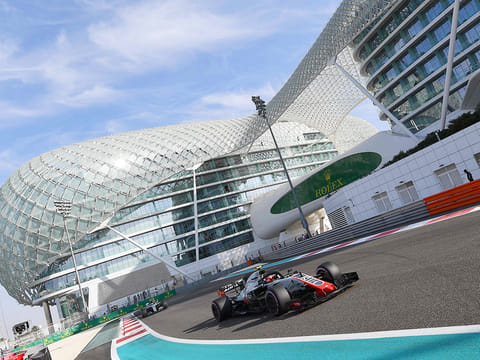 Haas F1's Danish driver Kevin Magnussen steers his car during the third practice session at the Yas Marina circuit on November 24, 2018, in Abu Dhabi, ahead of the Formula One Grand Prix.